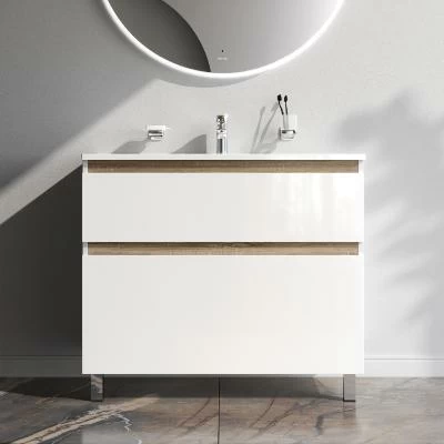 Тумба с раковиной и смесителем 100 AM.PM X-Joy M85AFSX1002WG напольная на ножках белый глянец