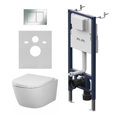 Унитаз подвесной 49 безободковый с инсталляцией AM.PM Libre IS90251.601900 торнадо, сиденьем микролифт, хром механ. клавишей