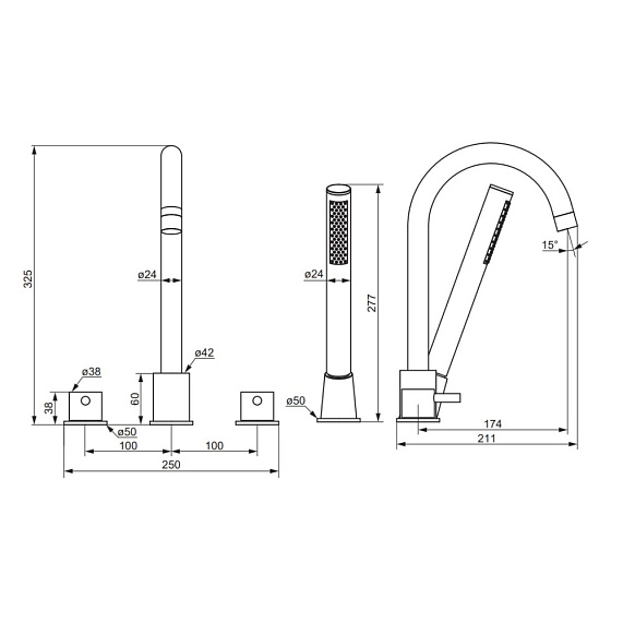 Смеситель для ванны и душа Damixa Scandinavian Pure 360400000 на борт, душевая лейка, шланг 1500, хром-2