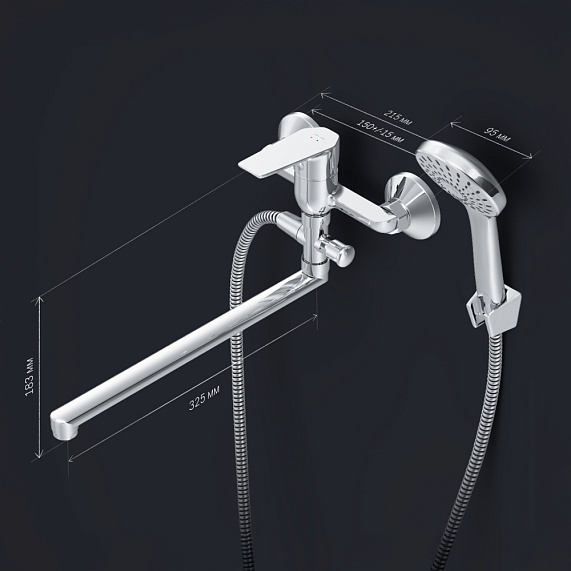 Смеситель для ванны и душа AM.PM Gem F90A90100 длинный излив, душевая лейка, шланг 1500, хром-7