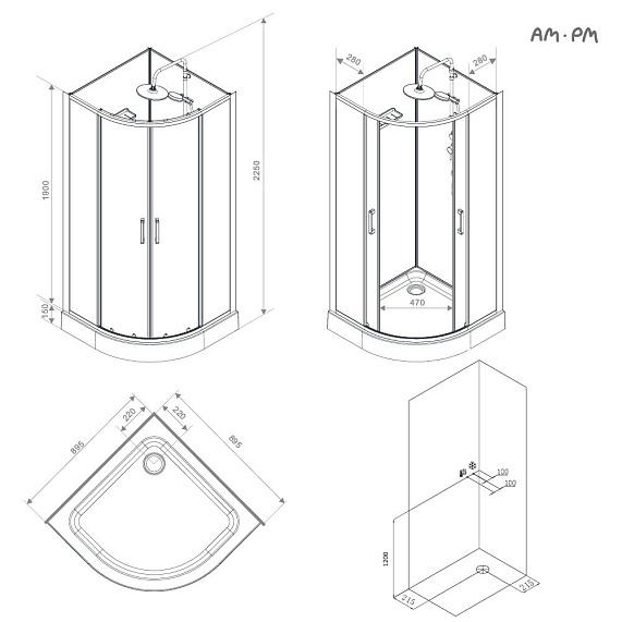 Душевая кабина 90x90 AM.PM Above W9XC-401-9090BT профиль черный матовый, низкий поддон-11