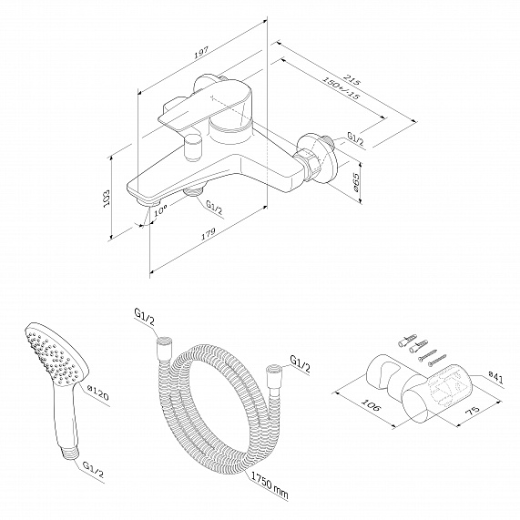 Смеситель для ванны и душа AM.PM Gem F90A15000 душевая лейка, шланг 1750, хром-9