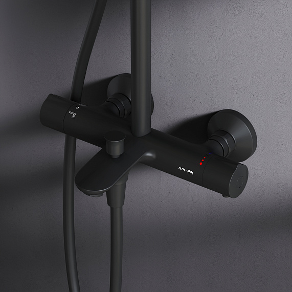 Душевая система AM.PM Like F0780522 стойка с тропическим душем, термостатом, смесителем, изливом, черная матовая-2