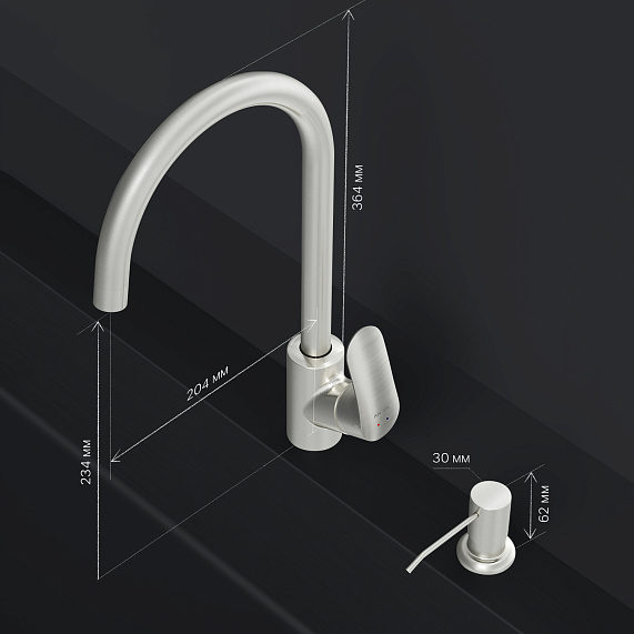 Смеситель для кухни AM.PM Like F8007T11 высокий с каналом питьевой воды, сатин + дозатор моющего средства-7