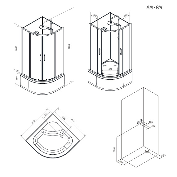 Душевая кабина 90x90 AM.PM Above W9XC-401A-9090BT профиль черный матовый, высокий поддон-12