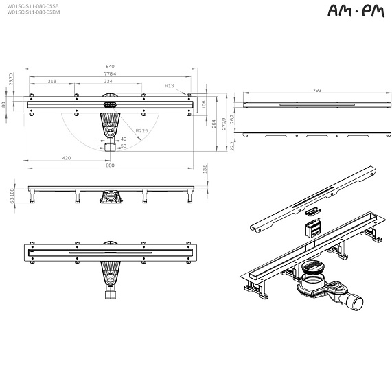 Душевой трап (лоток) 80 AM.PM MasterFlow Slim W01SC-S11-080-05BM комбинированный затвор с черной матовой решеткой-11