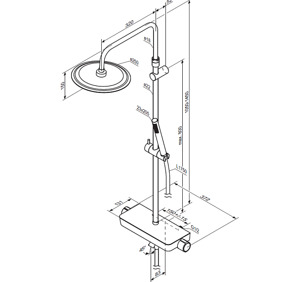 Душевая система Damixa Scandinavian Pure 936760300 стойка с тропическим душем, термостатом, смесителем, изливом, черная матовая-6