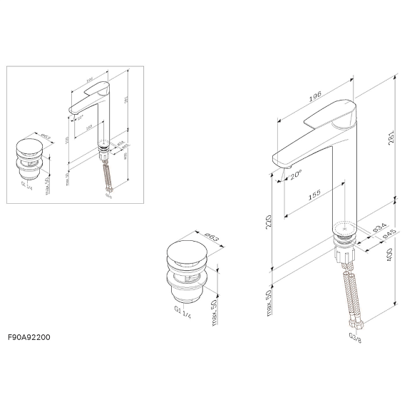 Смеситель для раковины (умывальника) AM.PM Gem F90A92200 высокий с донным клапаном, хром-9