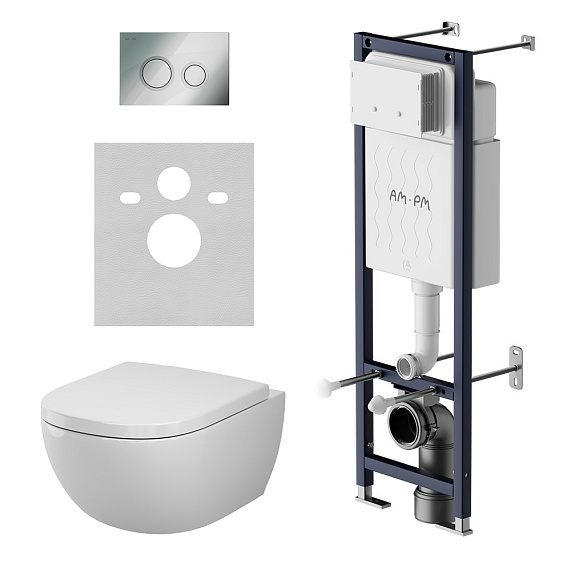 Унитаз подвесной безободковый с инсталляцией AM.PM Above IS110151.9X1900 сиденьем микролифт, механ. клавишей хром