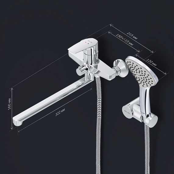Смеситель для ванны и душа AM.PM Gem F90A95000 длинный излив, душевая лейка, шланг 1750, хром-7