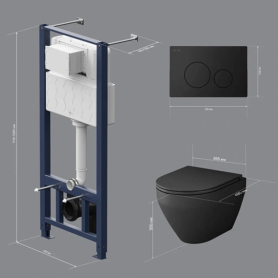 Унитаз подвесной безободковый с инсталляцией AM.PM Spirit V2.0 IS49038.701700MB сиденьем микролифт, черной пневм. клавишей-9